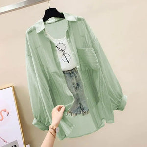 Summer Sunscreen Shirt Elegant Perspective Thin Chiffon Blouse