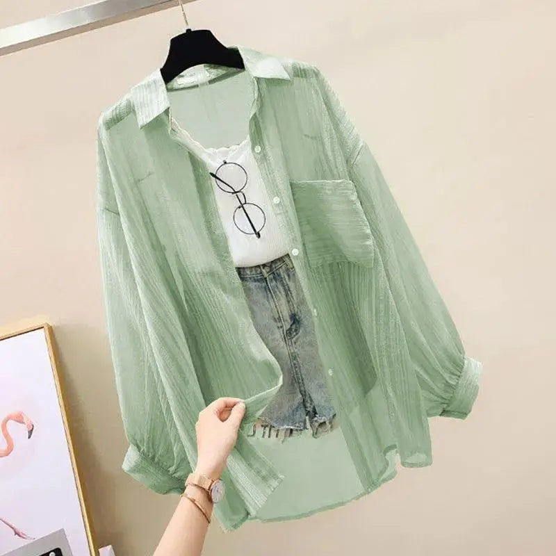 Summer Sunscreen Shirt Elegant Perspective Thin Chiffon Blouse
