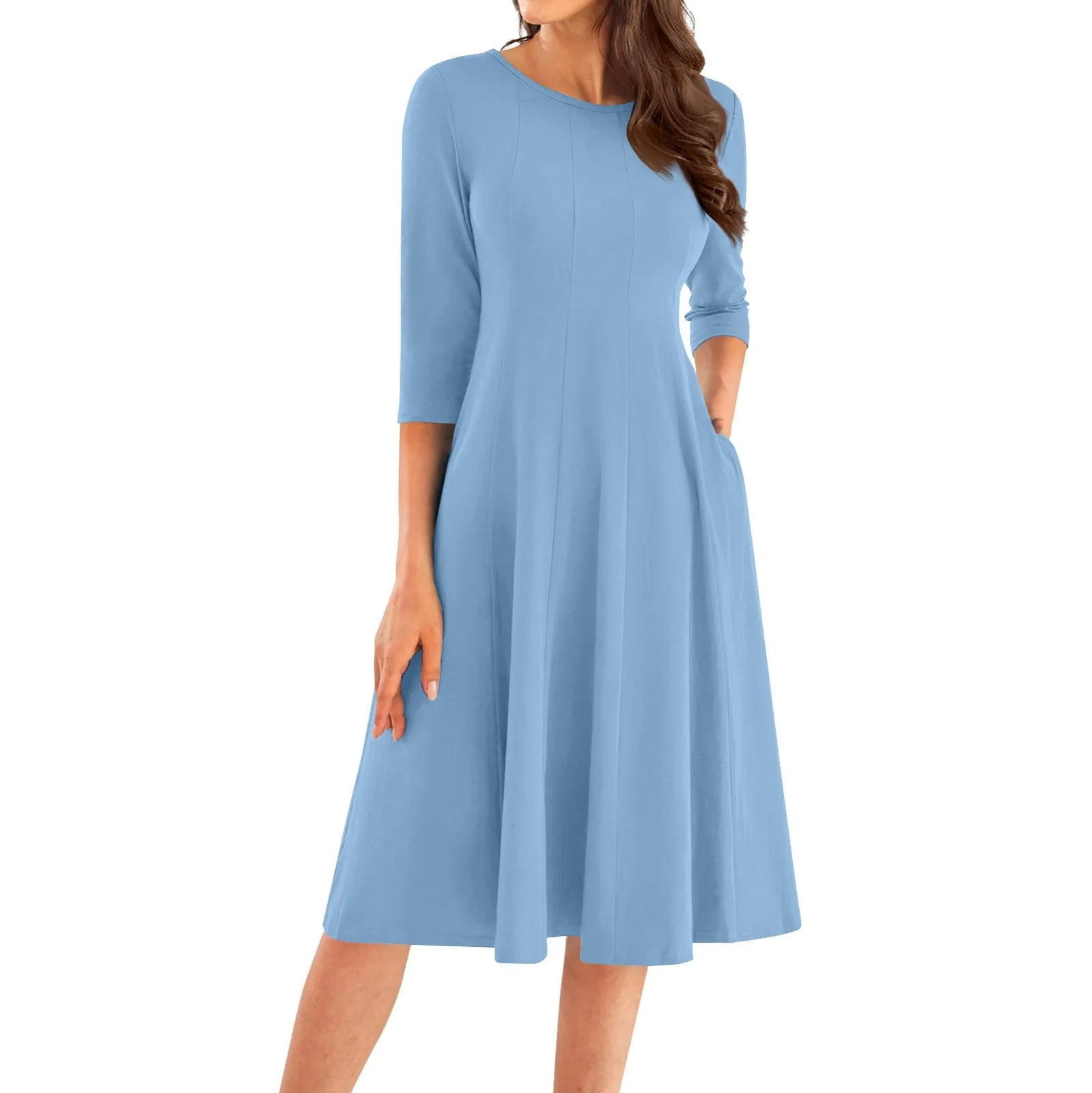 Three Quarter Sleeve Solid Color Dress