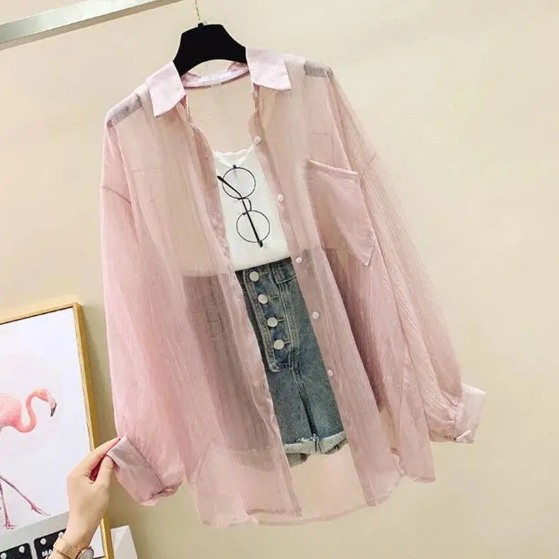 Summer Sunscreen Shirt Elegant Perspective Thin Chiffon Blouse