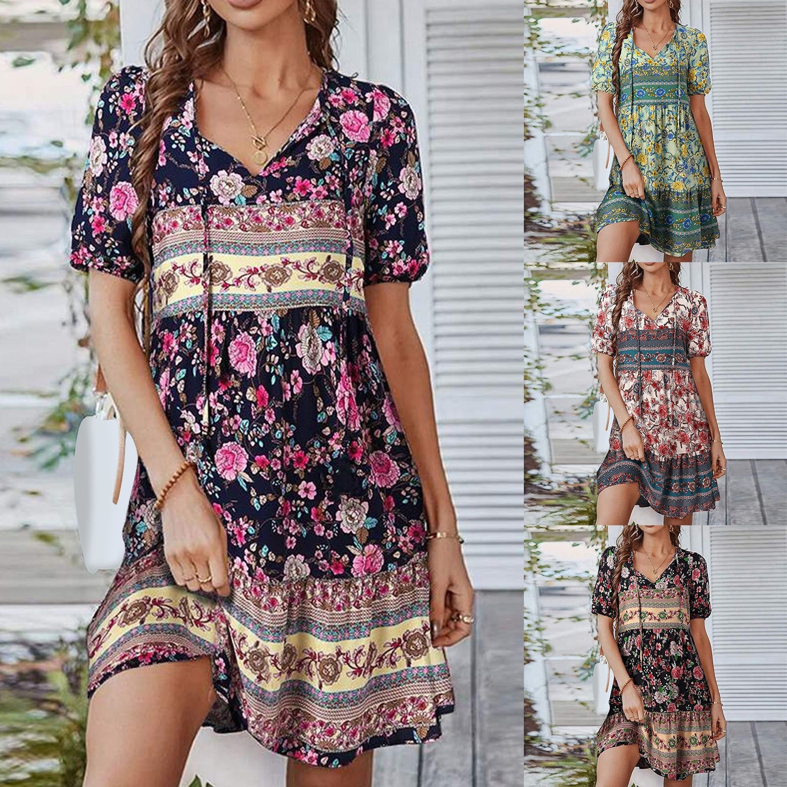 Women Boho Floral Print Tie Up Dresses