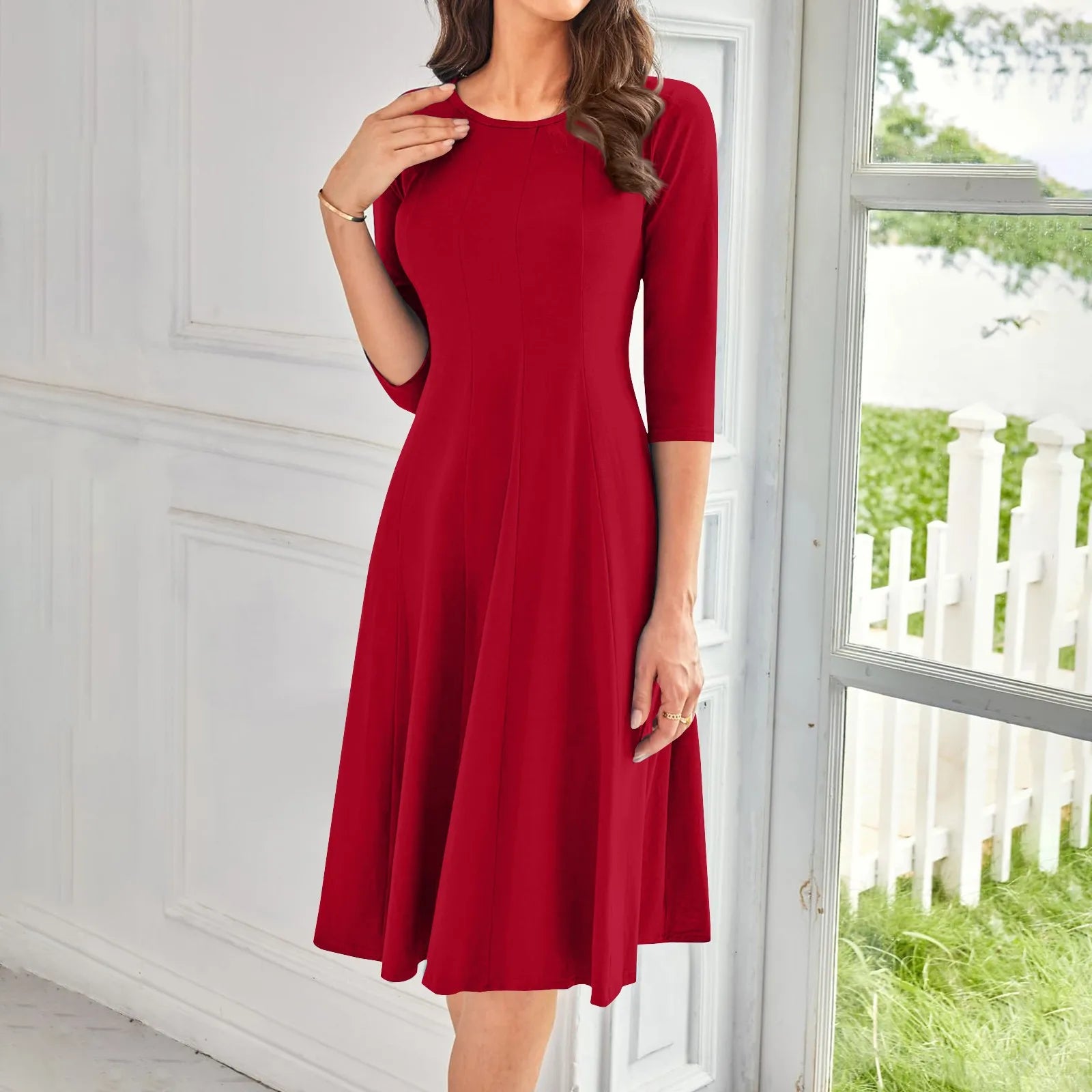 Three Quarter Sleeve Solid Color Dress