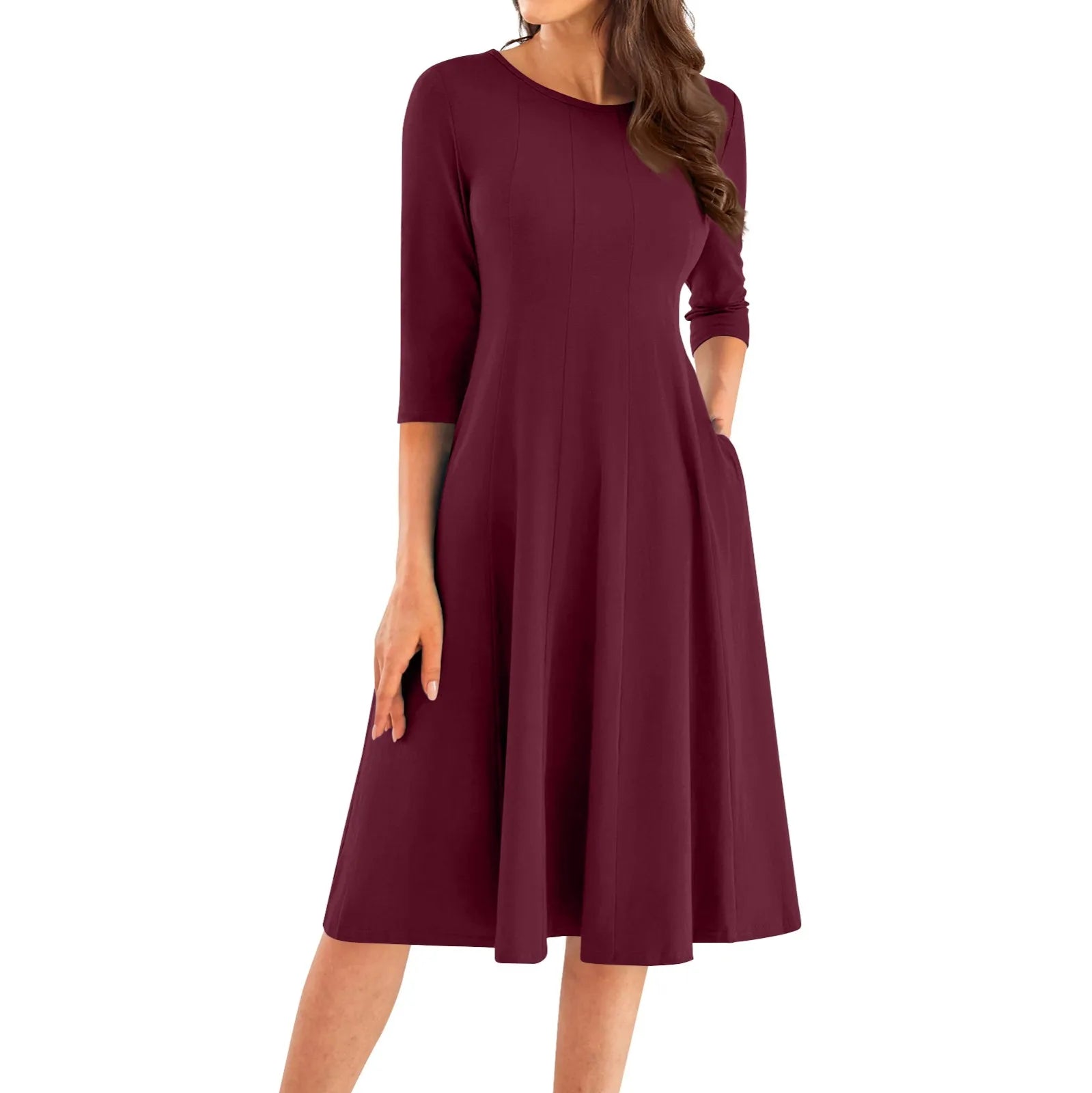Three Quarter Sleeve Solid Color Dress