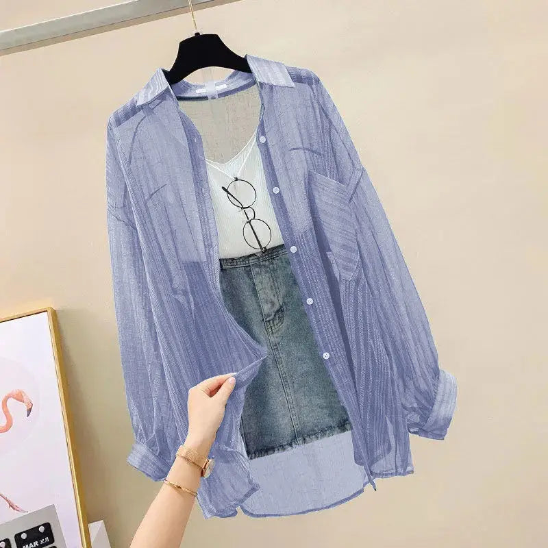 Summer Sunscreen Shirt Elegant Perspective Thin Chiffon Blouse