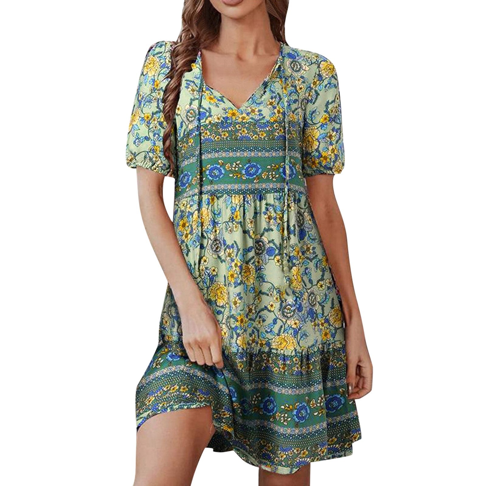 Women Boho Floral Print Tie Up Dresses