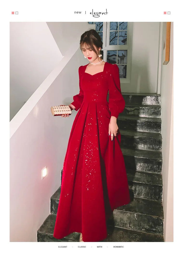 Temperament Dress Women's Solid Color Spring Autumn New Square Collar Long-sleeved A-line Long Skirt Fashion Female Clothing