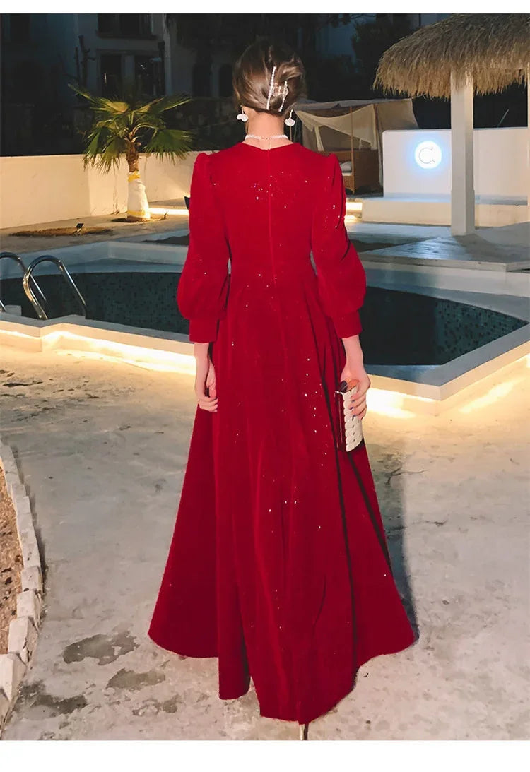 Temperament Dress Women's Solid Color Spring Autumn New Square Collar Long-sleeved A-line Long Skirt Fashion Female Clothing
