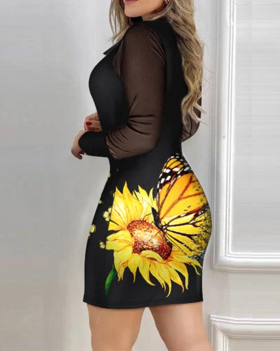 Fall Mesh Long Sleeve Turn-down Collar Printed Dress