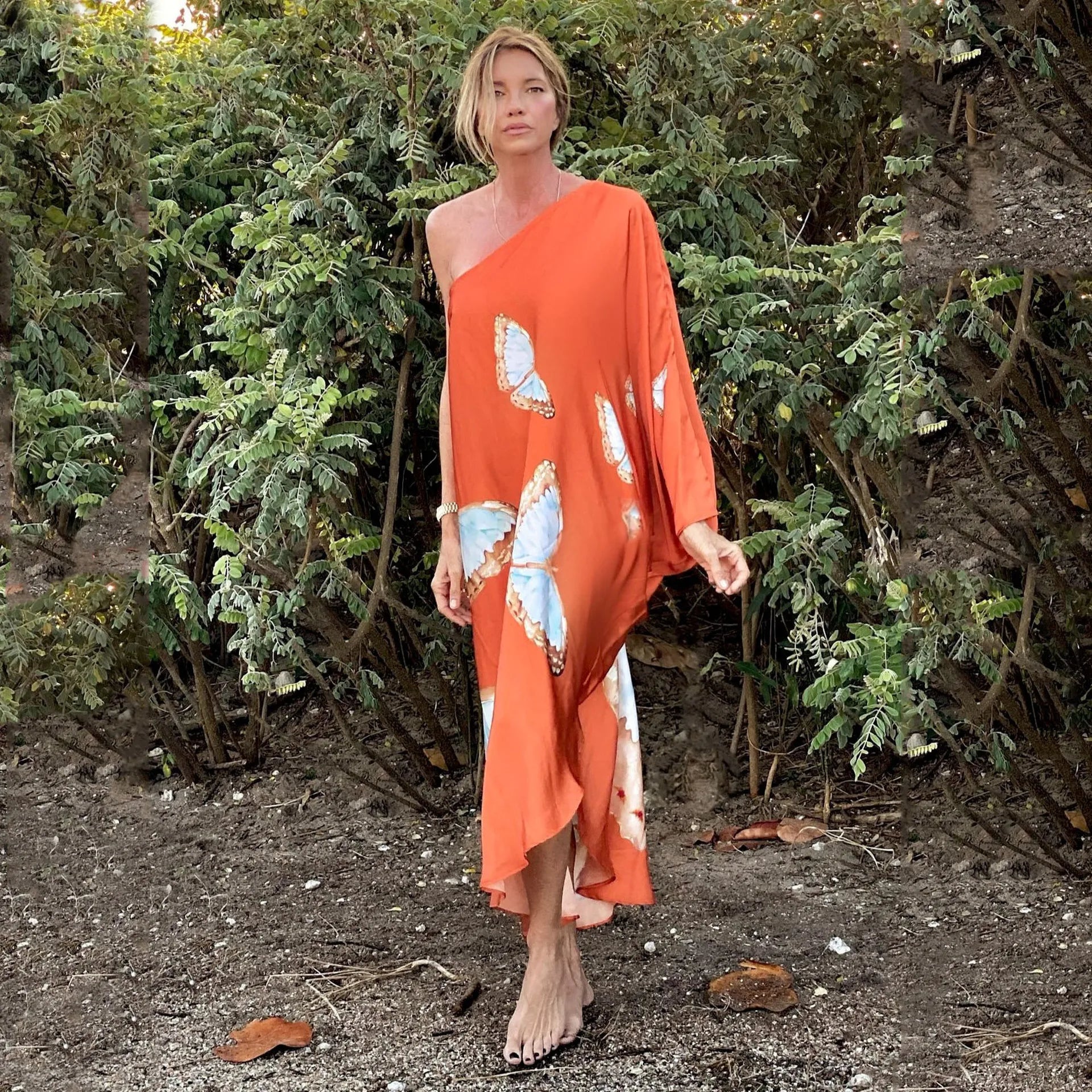 Color Butterfly Print One Shoulder Sleeve Dresses