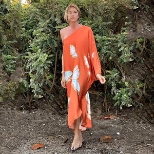 Color Butterfly Print One Shoulder Sleeve Dresses