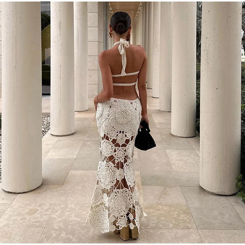 Crochet Hollow Out Halter Maxi Dress