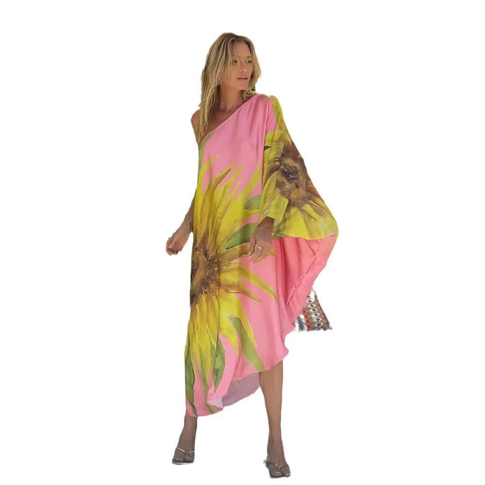 Color Butterfly Print One Shoulder Sleeve Dresses