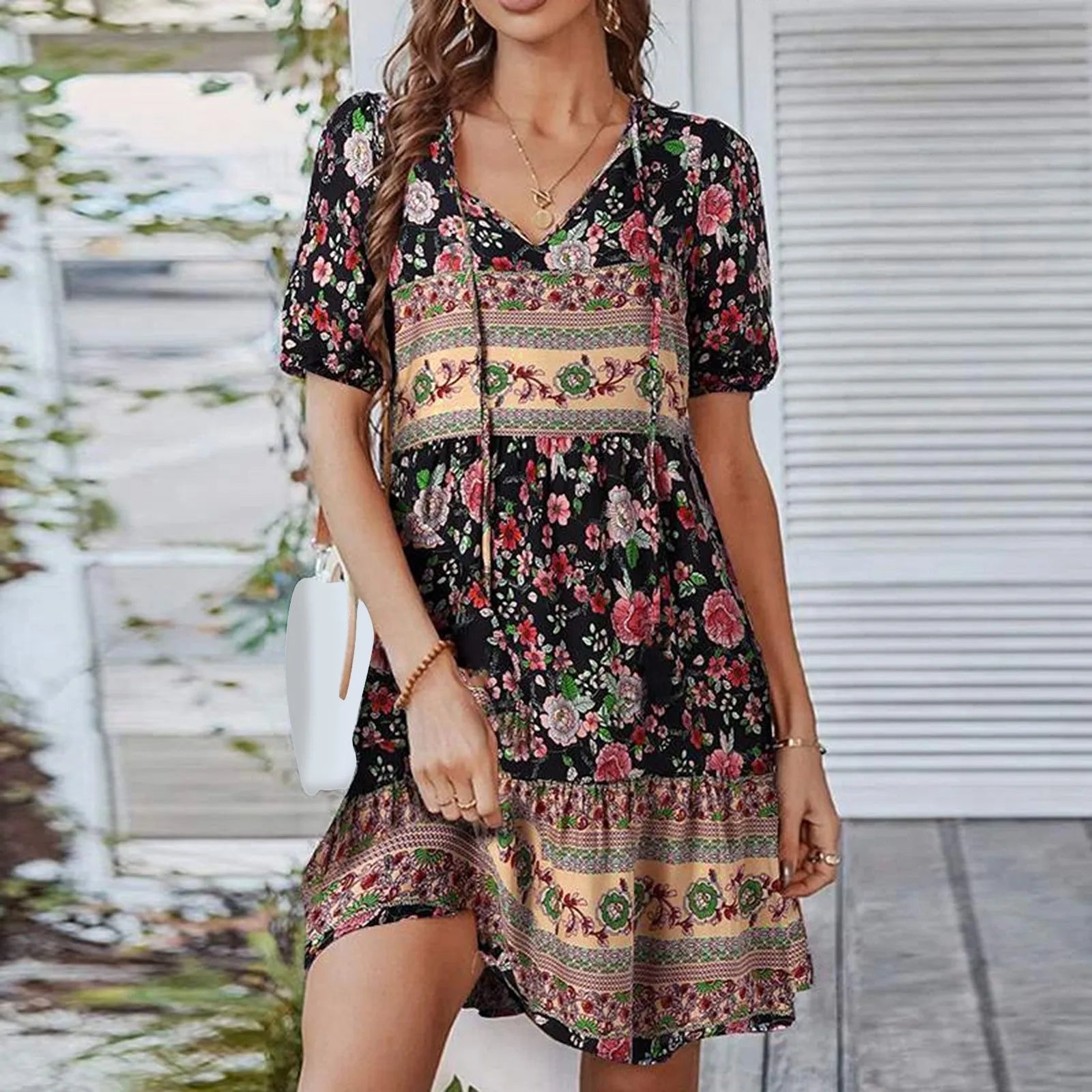 Women Boho Floral Print Tie Up Dresses