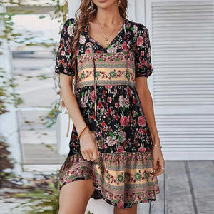 Women Boho Floral Print Tie Up Dresses