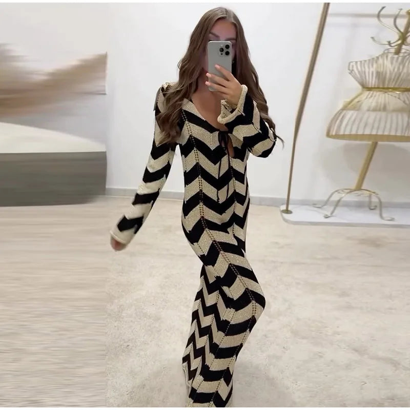 Fashion Knitted Striped Lace Up Maxi Dress