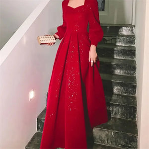 Temperament Dress Women's Solid Color Spring Autumn New Square Collar Long-sleeved A-line Long Skirt Fashion Female Clothing