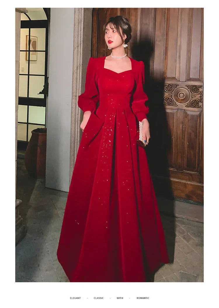 Temperament Dress Women's Solid Color Spring Autumn New Square Collar Long-sleeved A-line Long Skirt Fashion Female Clothing