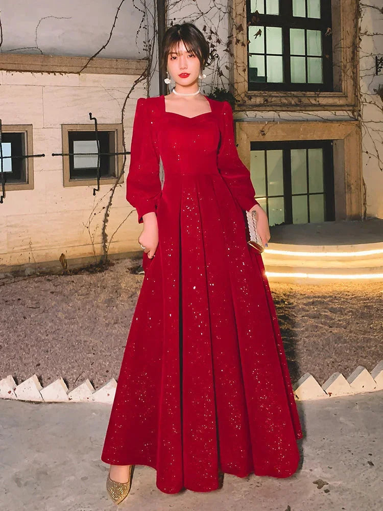 Temperament Dress Women's Solid Color Spring Autumn New Square Collar Long-sleeved A-line Long Skirt Fashion Female Clothing