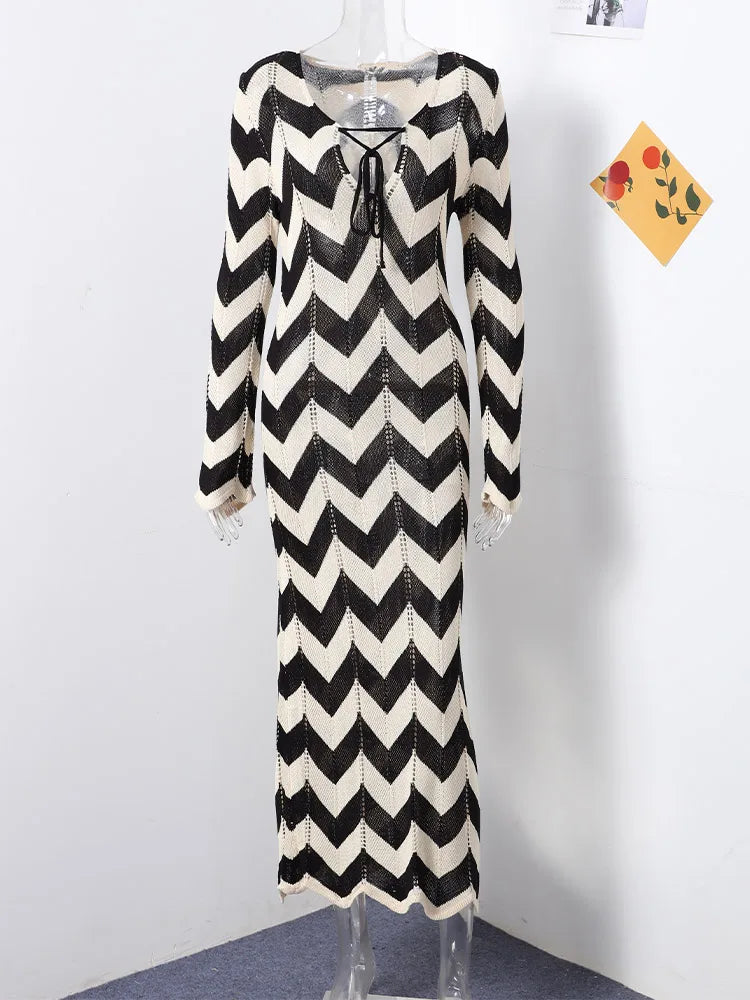 Fashion Knitted Striped Lace Up Maxi Dress