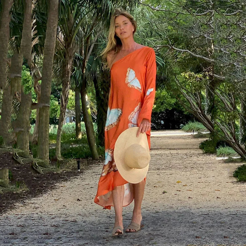 Color Butterfly Print One Shoulder Sleeve Dresses