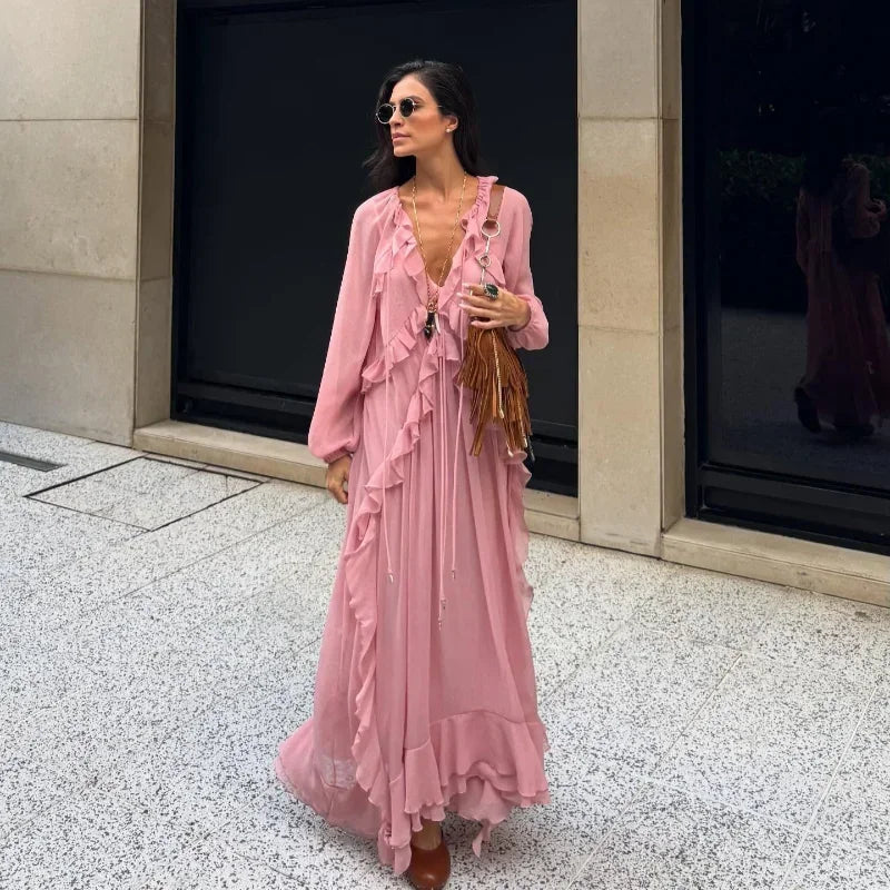 Elegant Solid Multiple Flounces Full Sleeve Robes