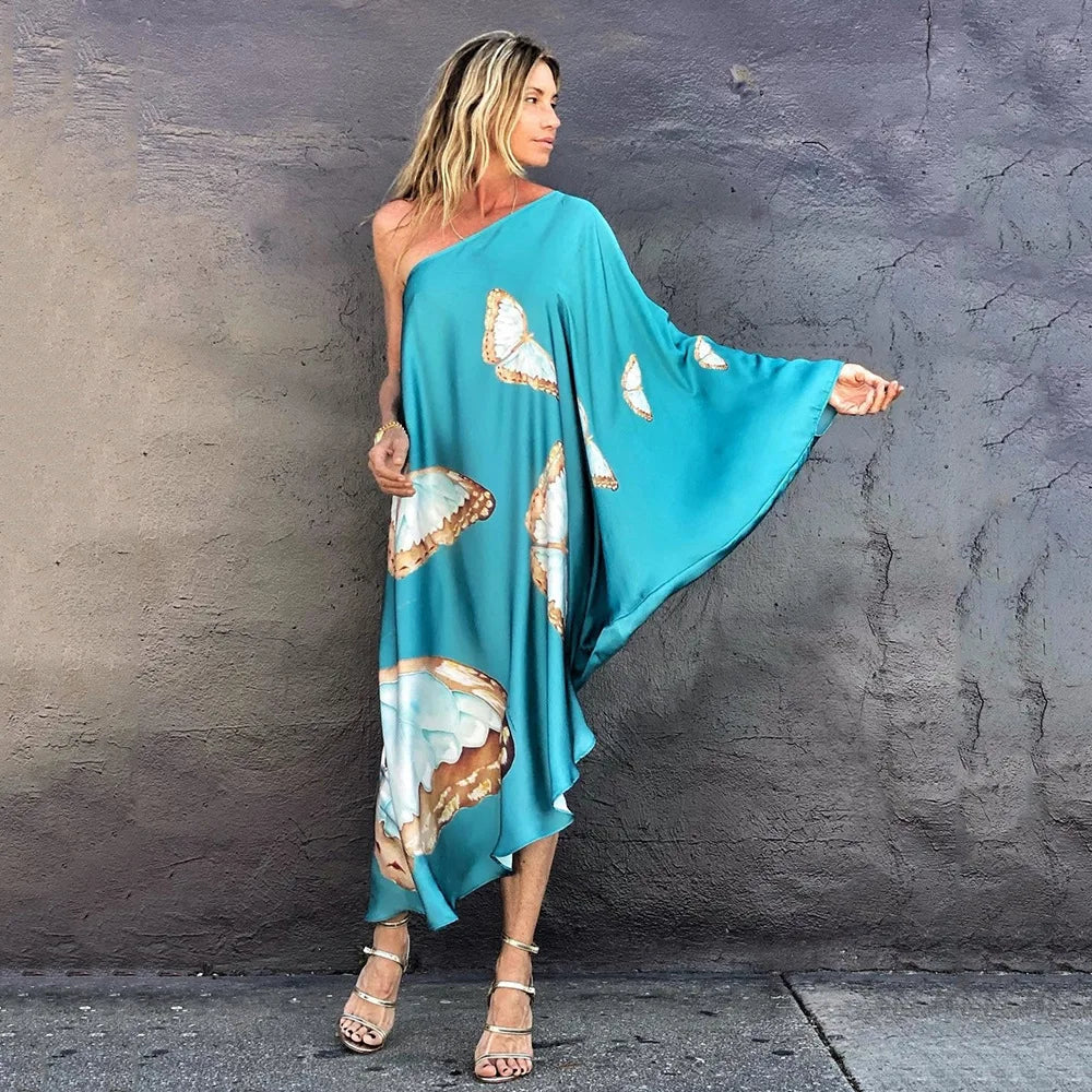 Color Butterfly Print One Shoulder Sleeve Dresses