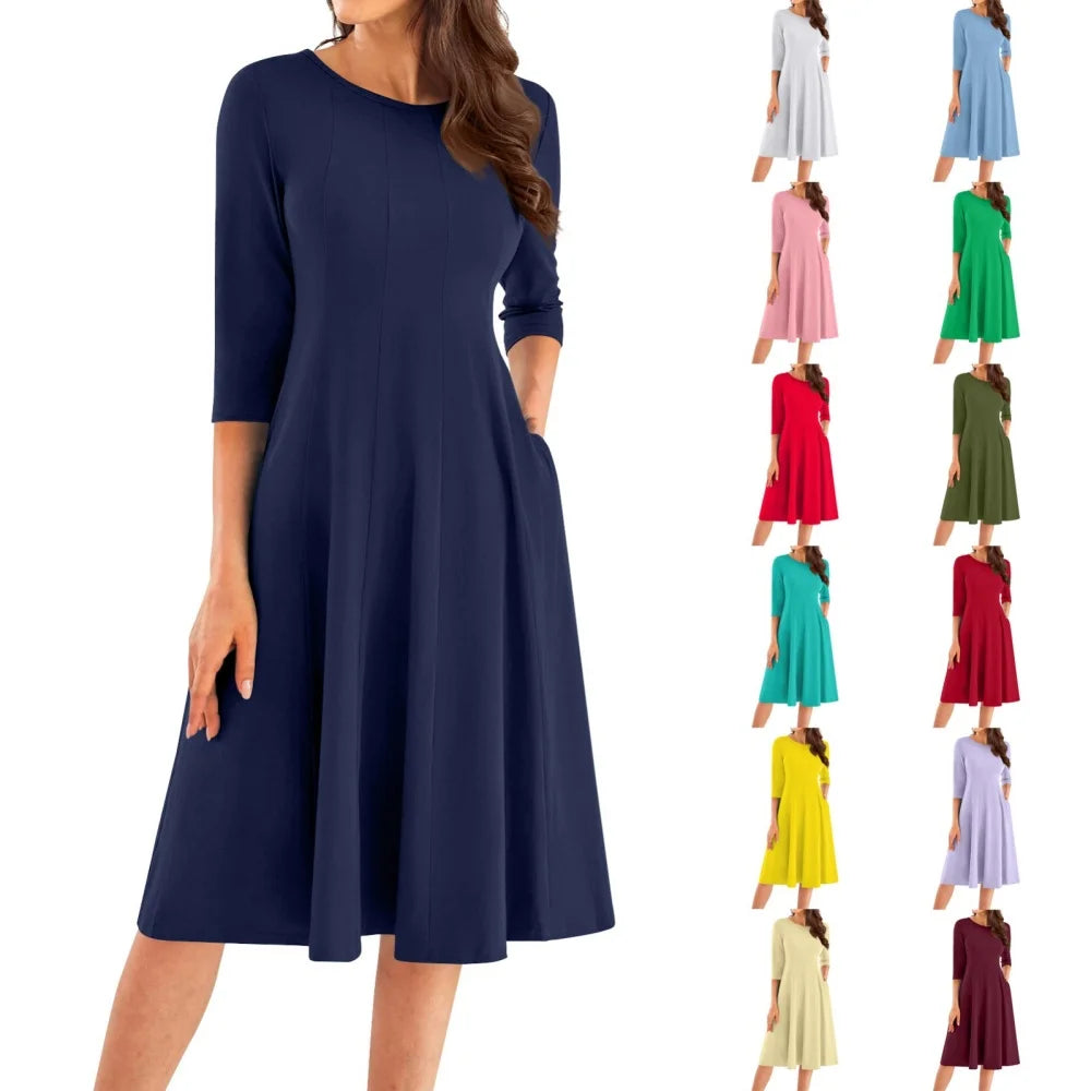 Three Quarter Sleeve Solid Color Dress