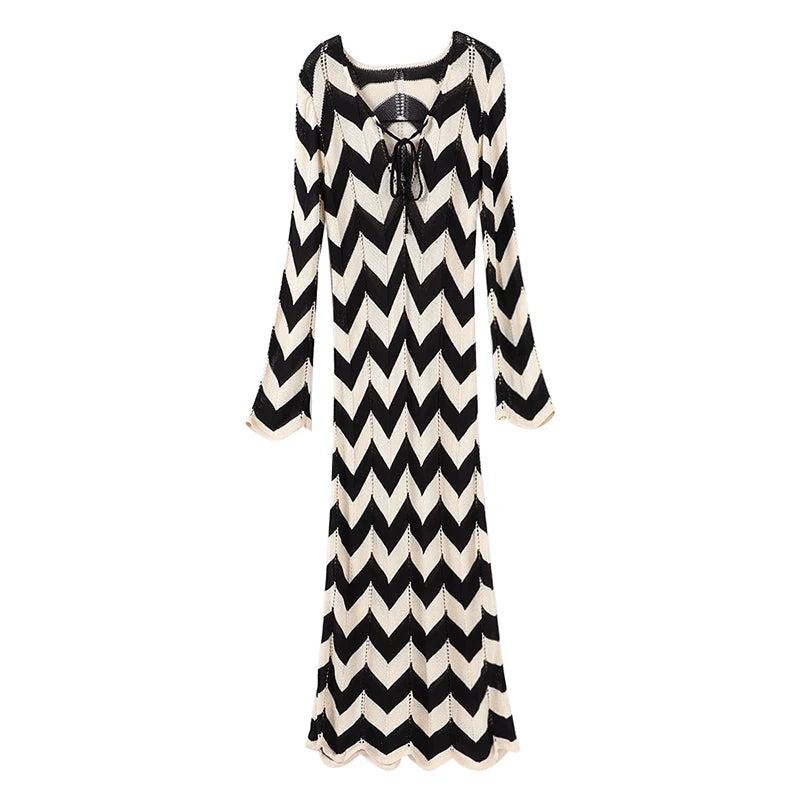 Fashion Knitted Striped Lace Up Maxi Dress