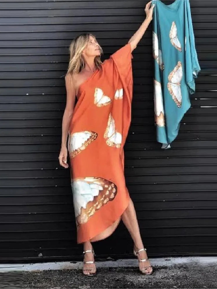 Color Butterfly Print One Shoulder Sleeve Dresses