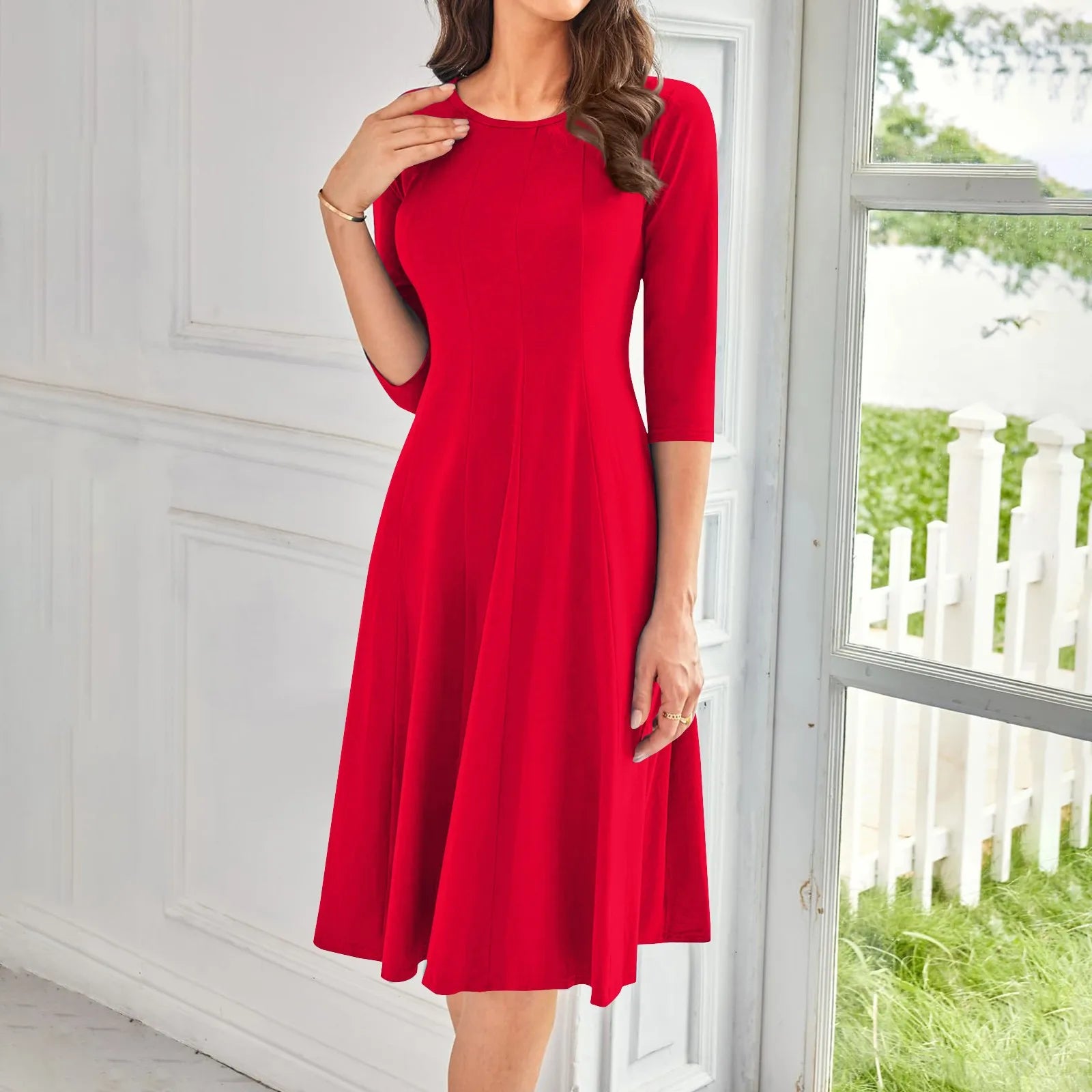 Three Quarter Sleeve Solid Color Dress