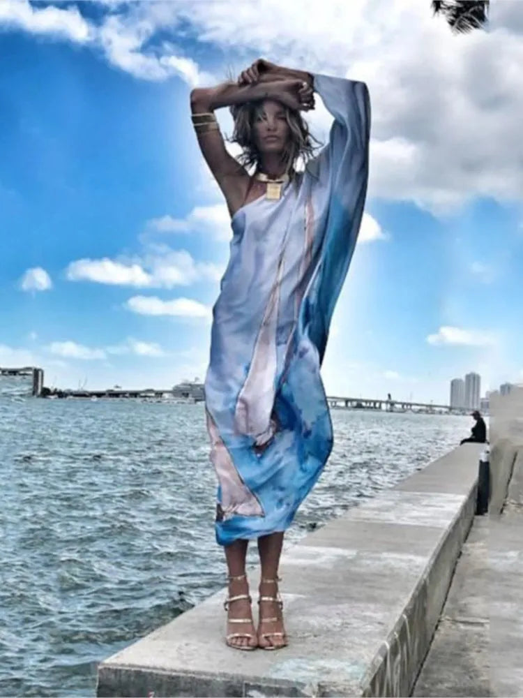 Color Butterfly Print One Shoulder Sleeve Dresses