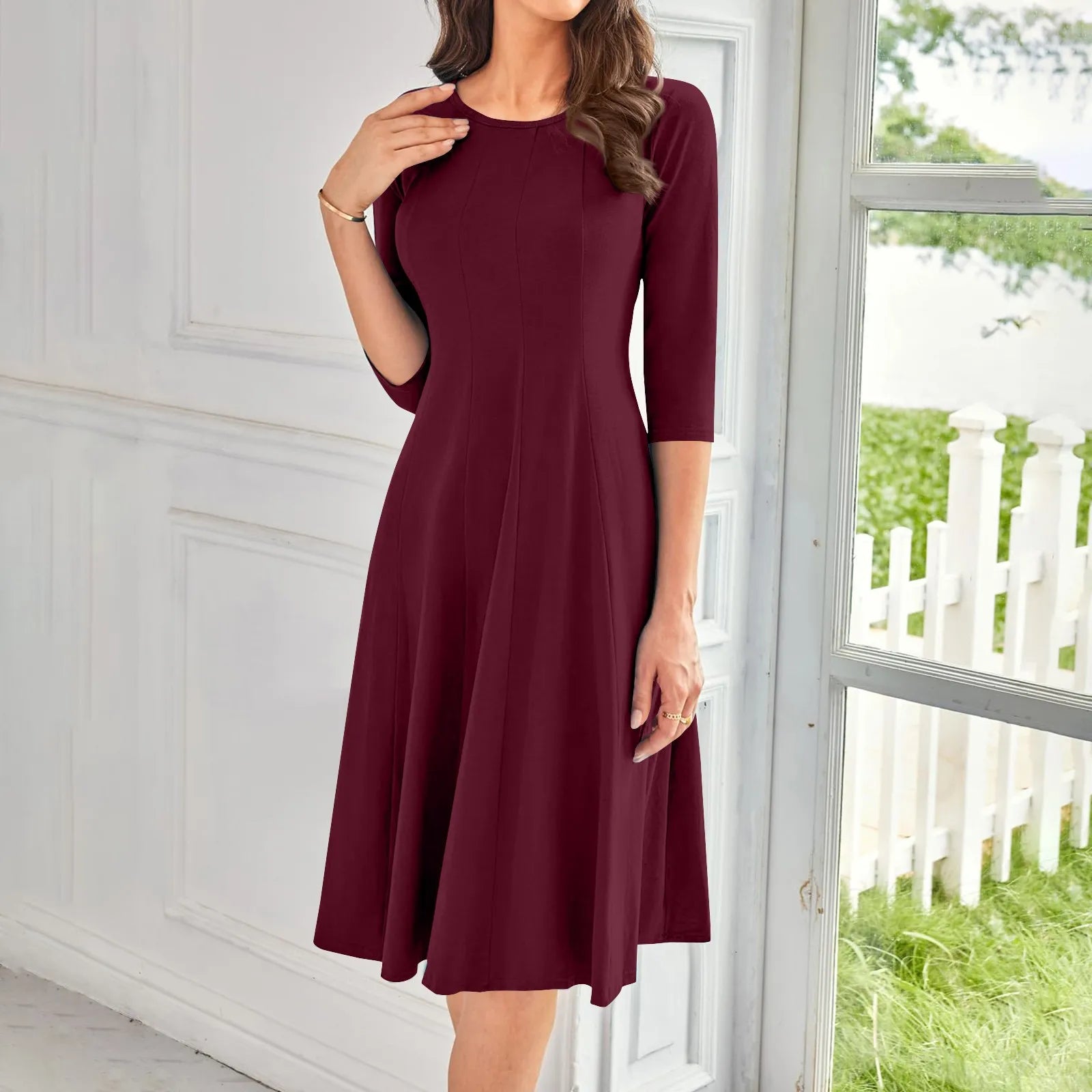 Three Quarter Sleeve Solid Color Dress