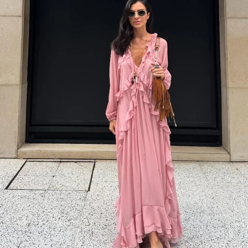 Elegant Solid Multiple Flounces Full Sleeve Robes