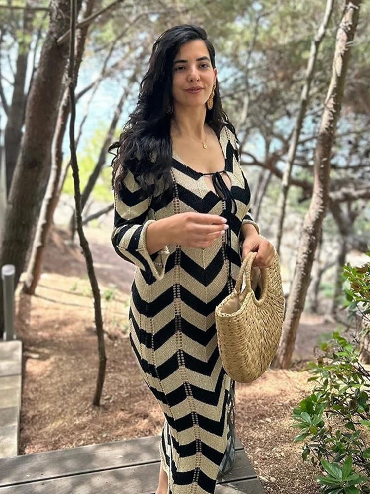 Fashion Knitted Striped Lace Up Maxi Dress
