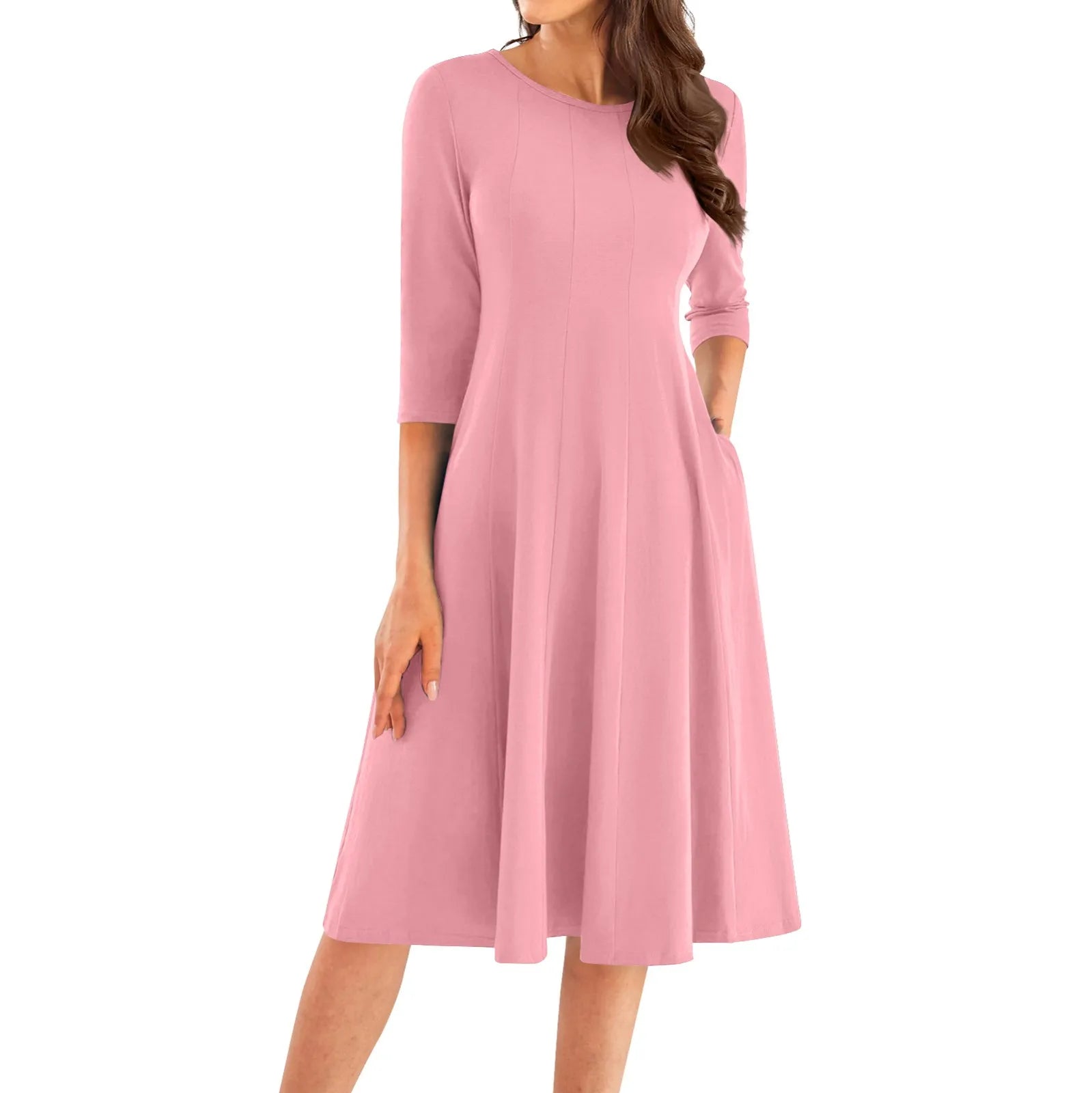Three Quarter Sleeve Solid Color Dress