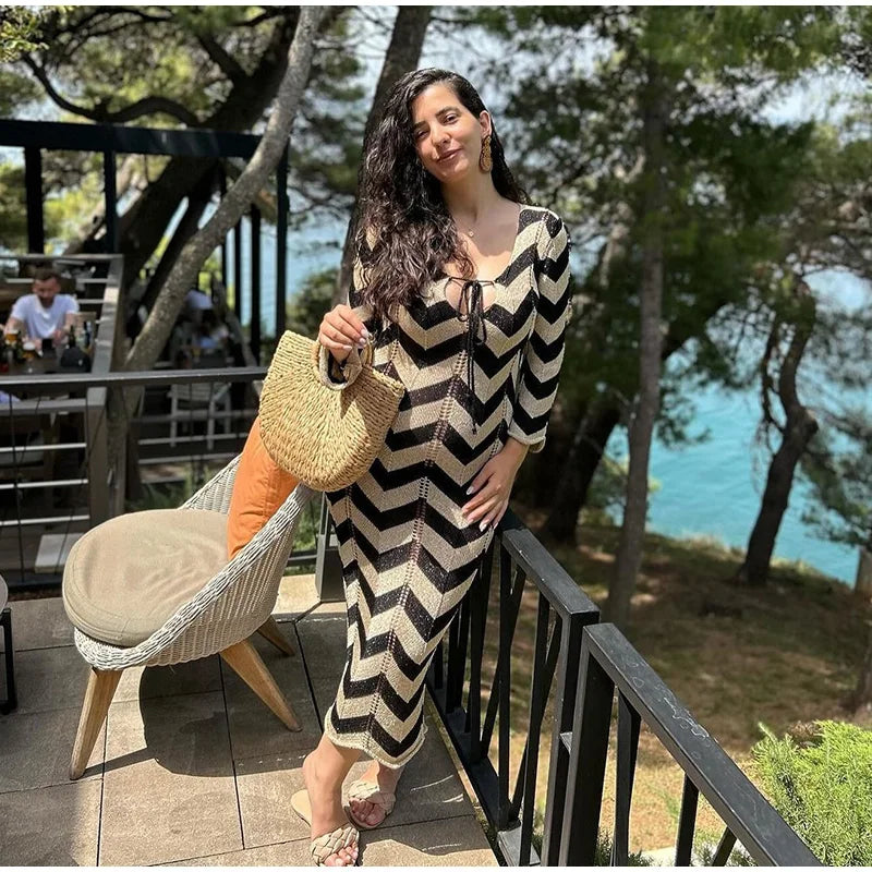 Fashion Knitted Striped Lace Up Maxi Dress