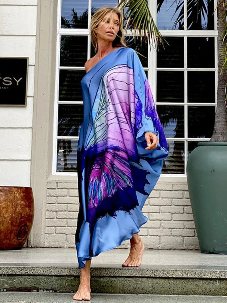 Color Butterfly Print One Shoulder Sleeve Dresses