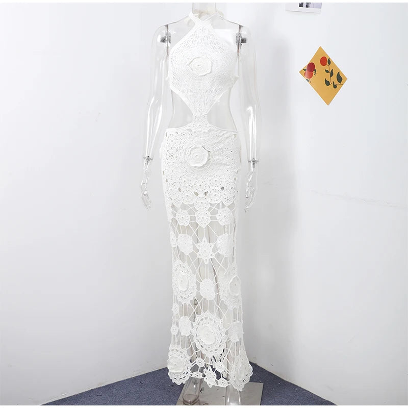 Crochet Hollow Out Halter Maxi Dress