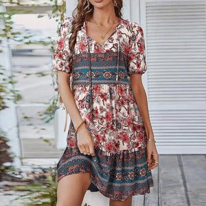 Women Boho Floral Print Tie Up Dresses
