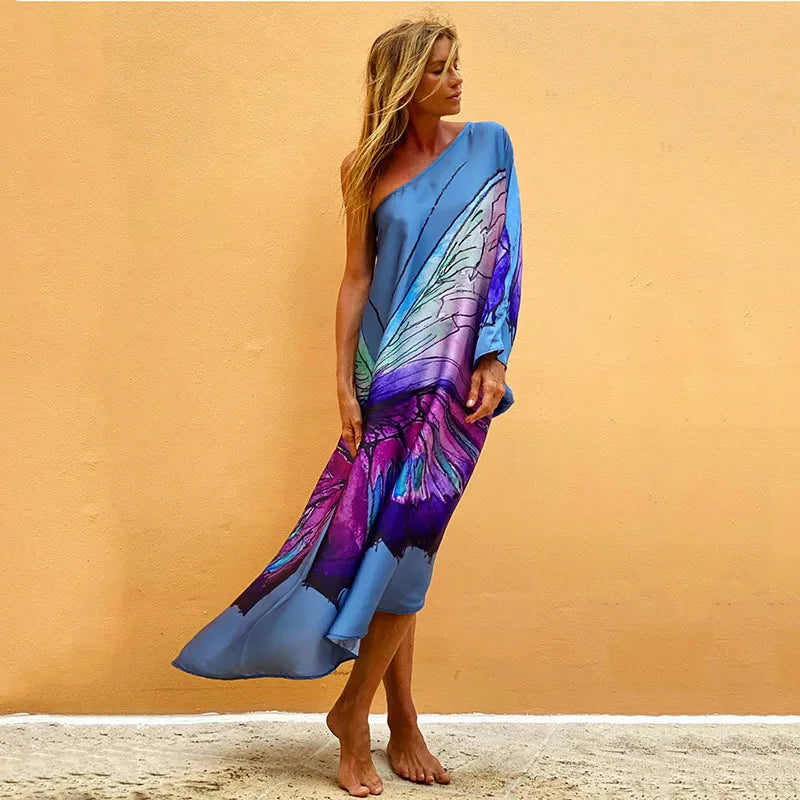 Color Butterfly Print One Shoulder Sleeve Dresses
