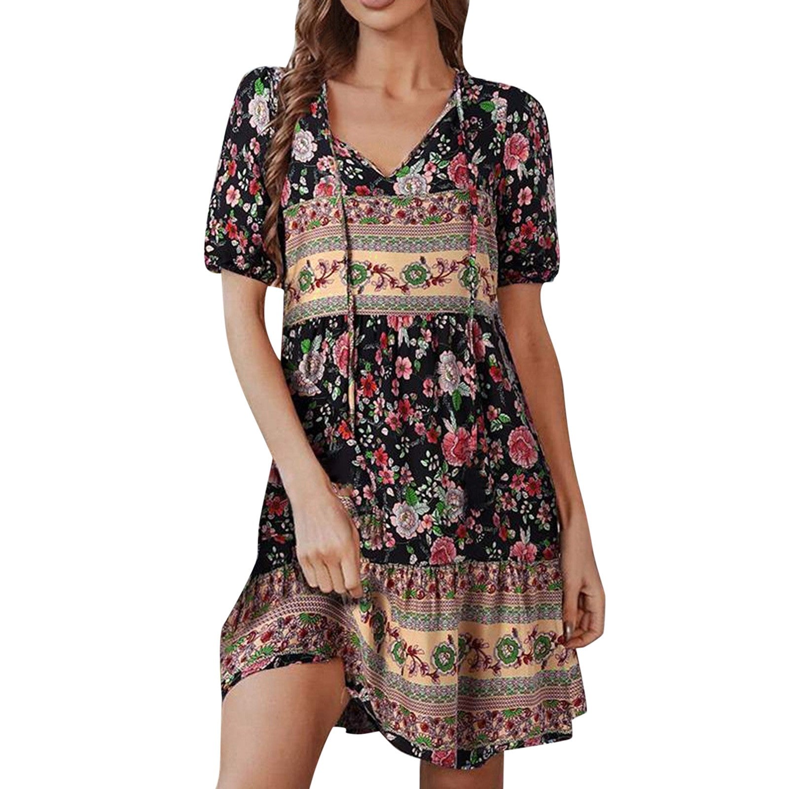 Women Boho Floral Print Tie Up Dresses